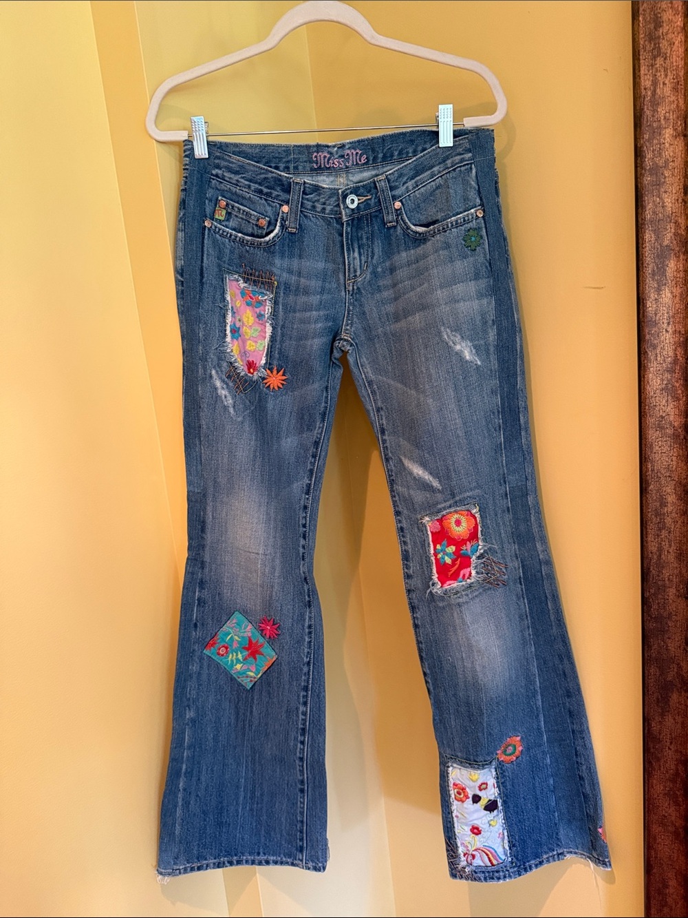 Miss Me Blue Wide-Leg Embroidered Patch Jeans